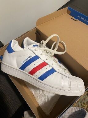 adidas White Superstar Sneakers with Blue and Red Stripes